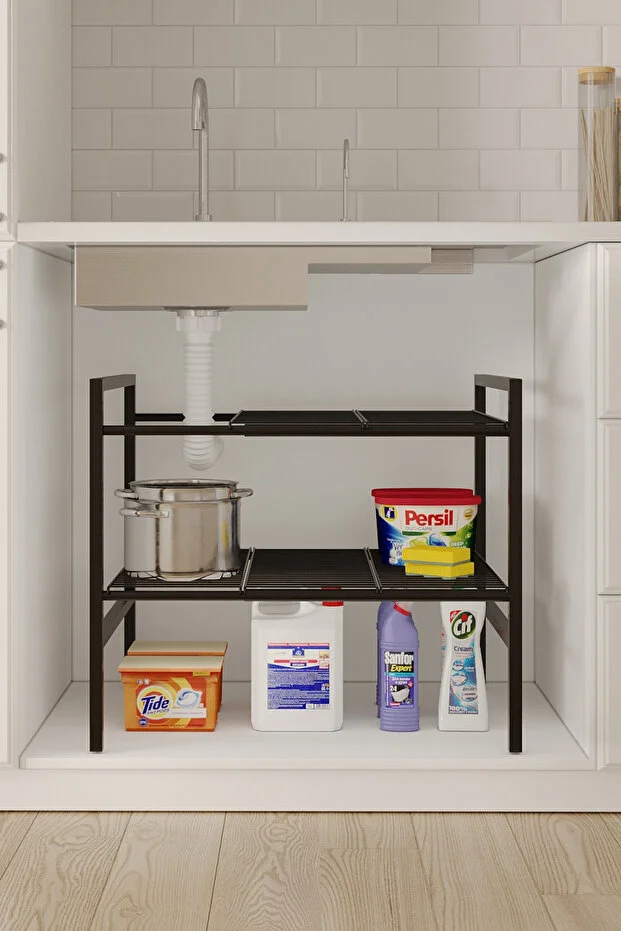 Dolap İçi Tezgah Altı Raf Metal Ayarlanabilir Organizer Mutfak Banyo Çok Amaçlı Düzenleyici